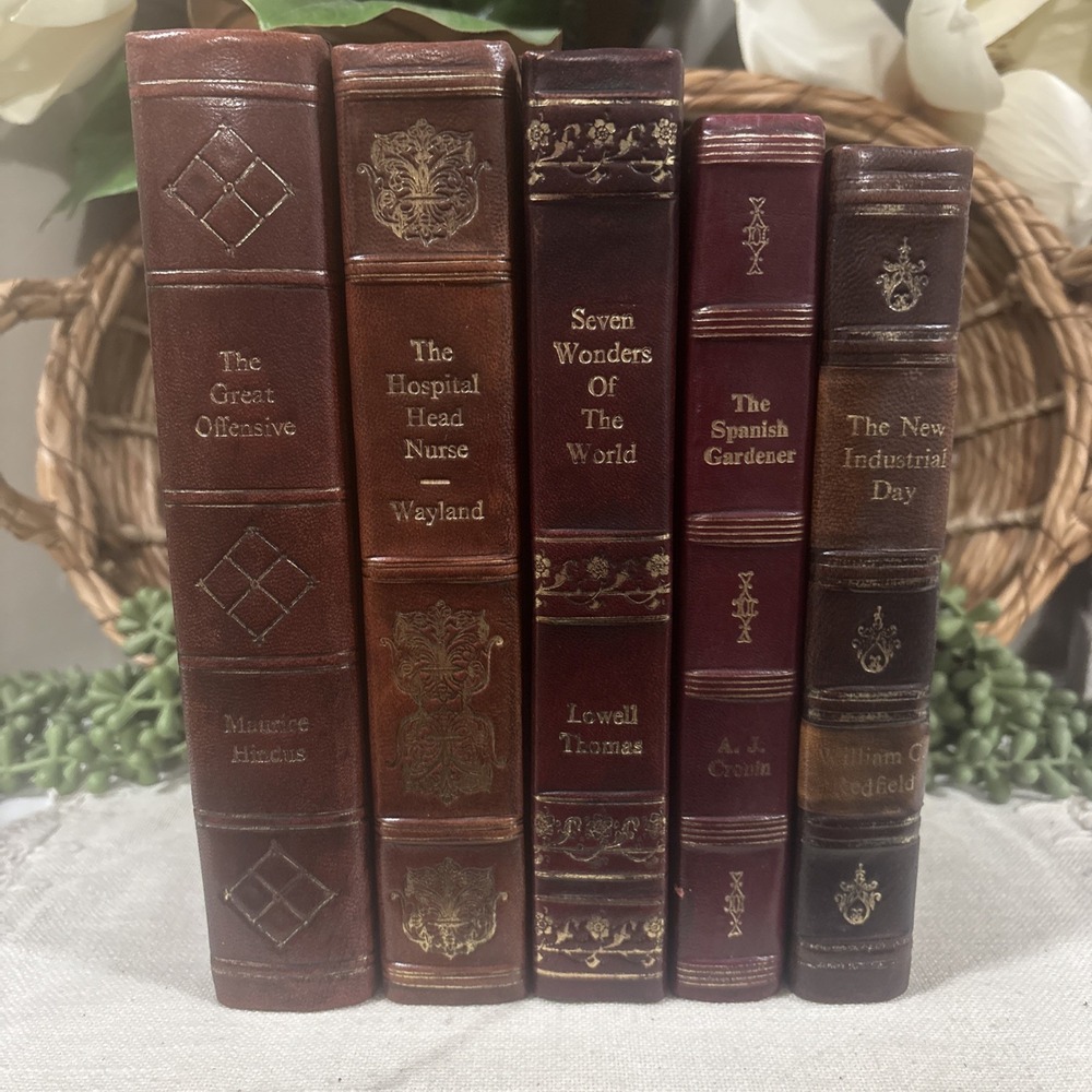 Vintage Leather Bound Books Bundle Lot Of 5 Brown, Gold, Home Decor Library